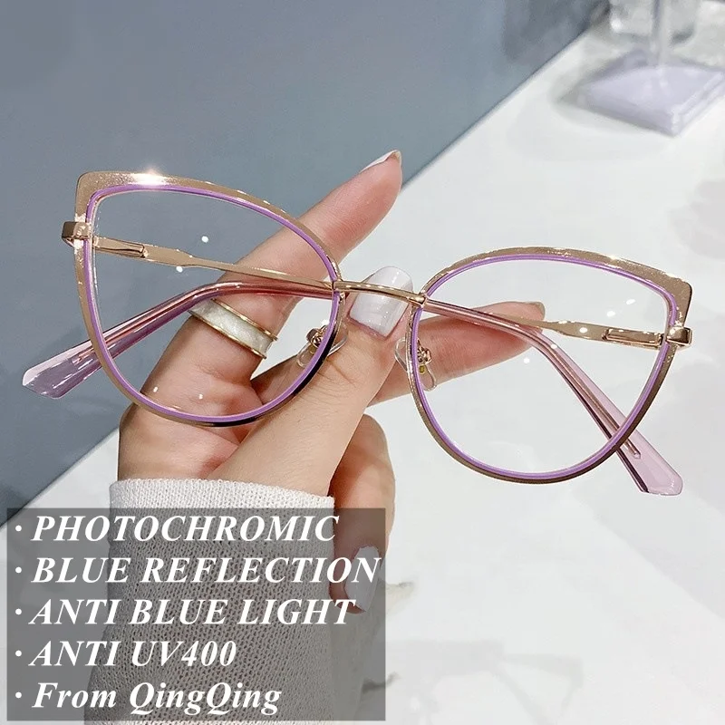 women anti blue light cateye spring hinge metal black green lunett photogray antireflet 2024 optical photochromic glasses woman