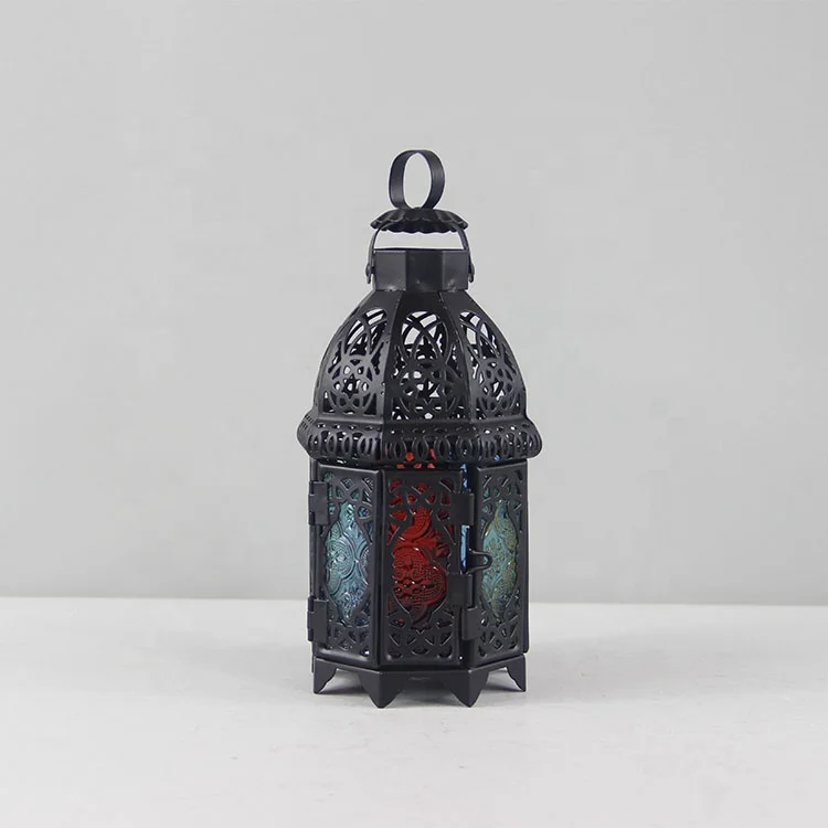 Moorish Style Hanging Octagon Black Morocco Metal Lantern with Colorful Glass Panes