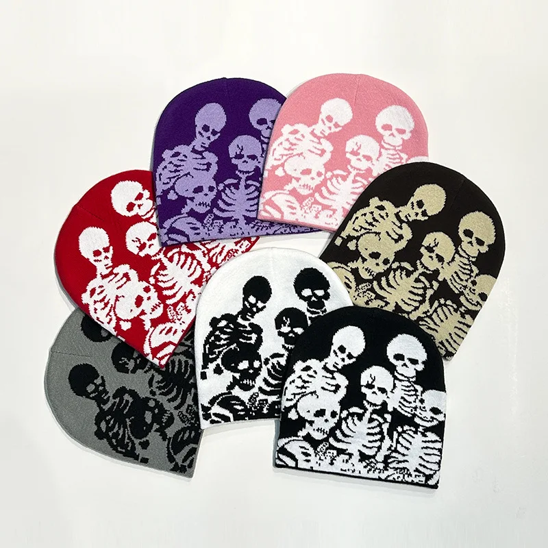 Low MOQ Custom Beanie Manufacturers All Over Print Jacquard Y2K Gothic No Cuff Fold Cuffless Winter Skull Cap Knit Hat with Logo