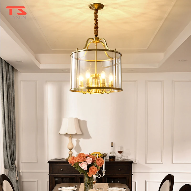 American Style Light Villa Modern Fashion Luxury Copper Color Chain Glass Pendant Lamp For Dining Room