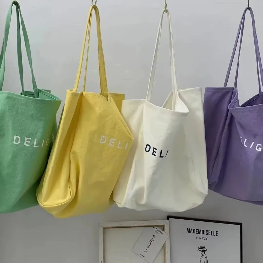 Large Capacity Causal Reusable Solid Color Cotton Shopping Bag Eco-friendly Canvas Tote Bag With Custom Printing Logo