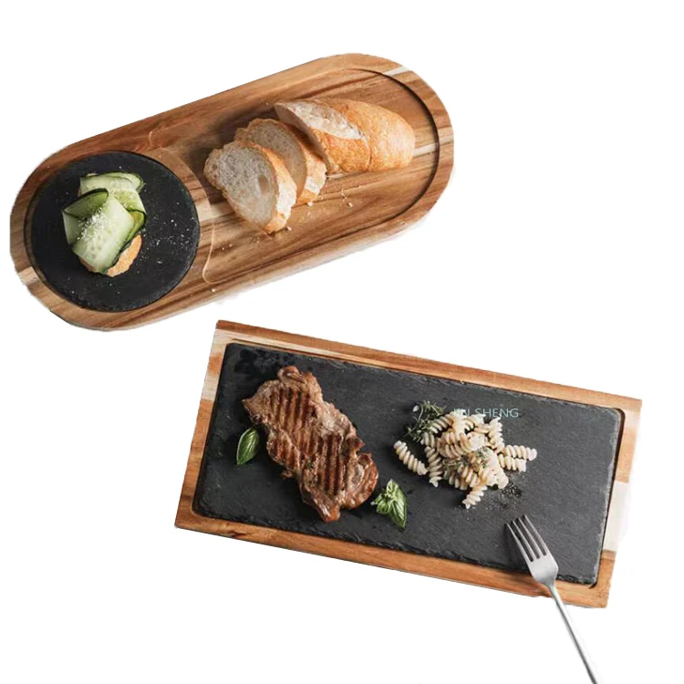Large Charcuterie Party Tray Solid Acacia Wood and Slate Meat And Cheese Board Set