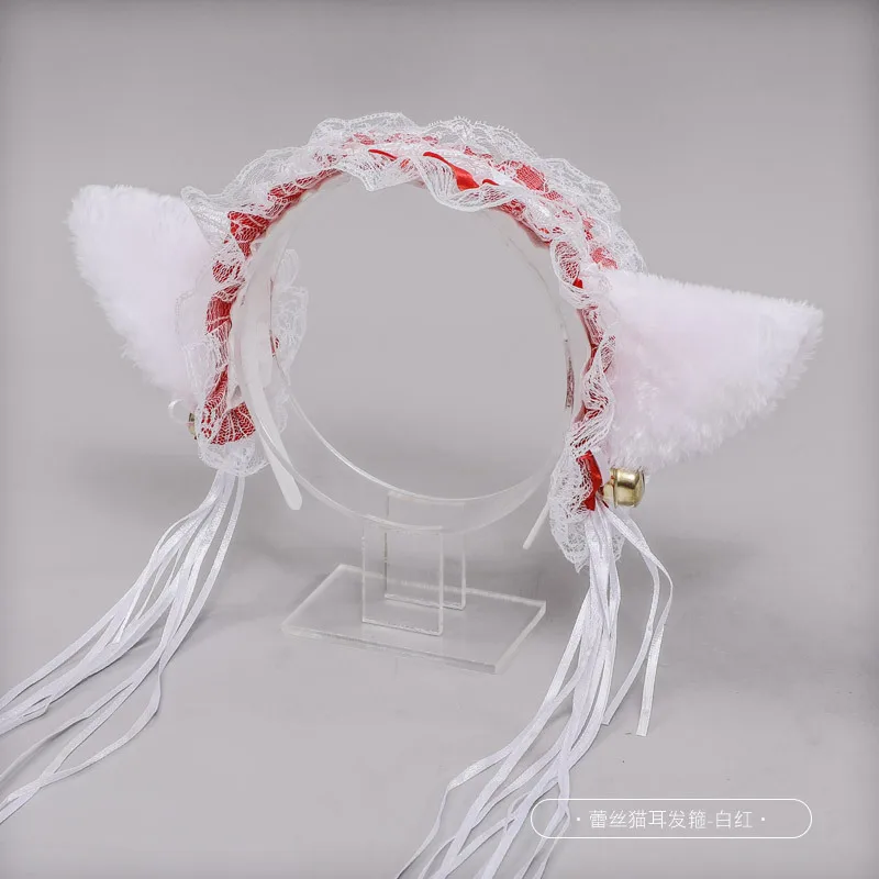 Gothic Lolita Maid Women Girl Ruffles Lace Headband Plush Cat Ears Ribbon Bell Anime Lolita Cosplay Hair Hoop
