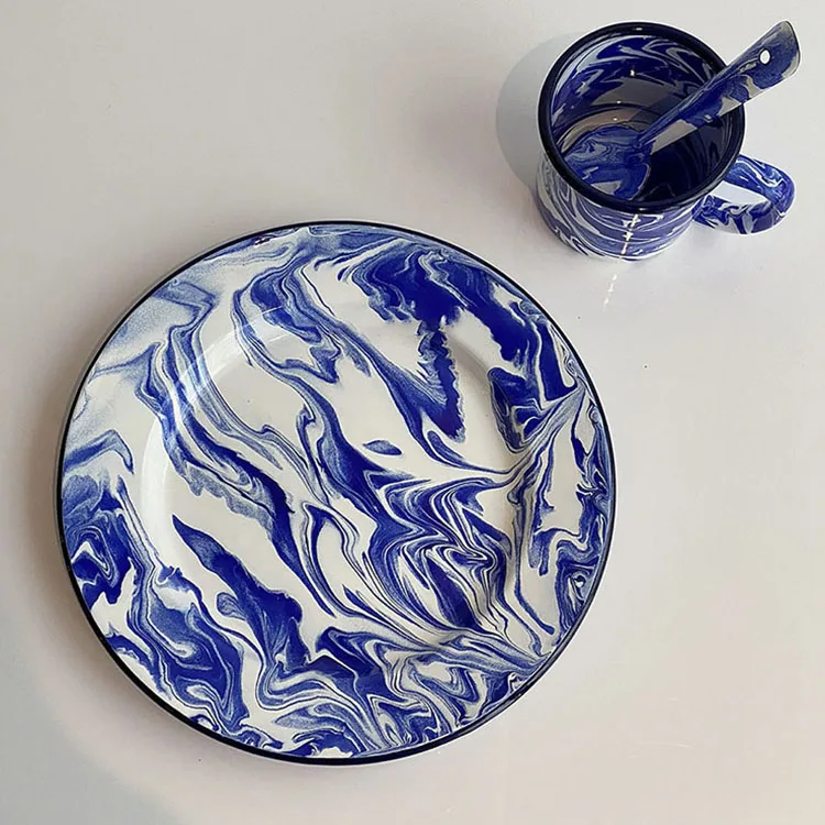 Cutelife Nordic Vintage Black Splash Enamel Marble Design Dinnerware Set Home Decor Dishes Plates Mug Bowls Porcelain Dinner Set