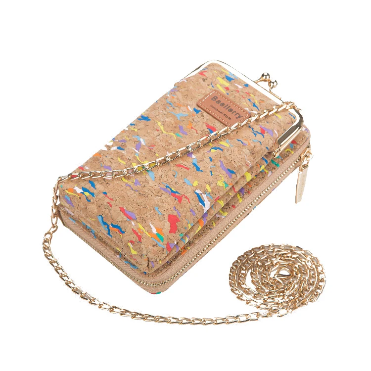 Multifunctional Coin Purse Cork Leather Long Lady Clutch Wallet With Metal Chain
