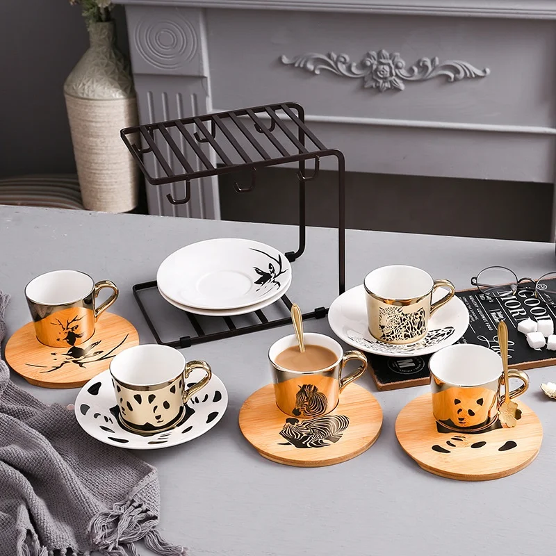 Ceramic Coffee Cup And Saucer Gift Ser Mirror Mug Magic Reflection Imaging Animal Mug with Ceramic and Bamboo Tray
