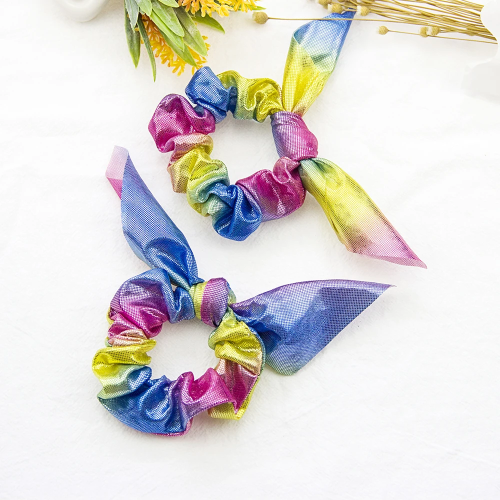 Fashion hair elastic band Shinny Mermaid bunny ear metallic scrunchies for ponytail holder Hair Accessories crunchies