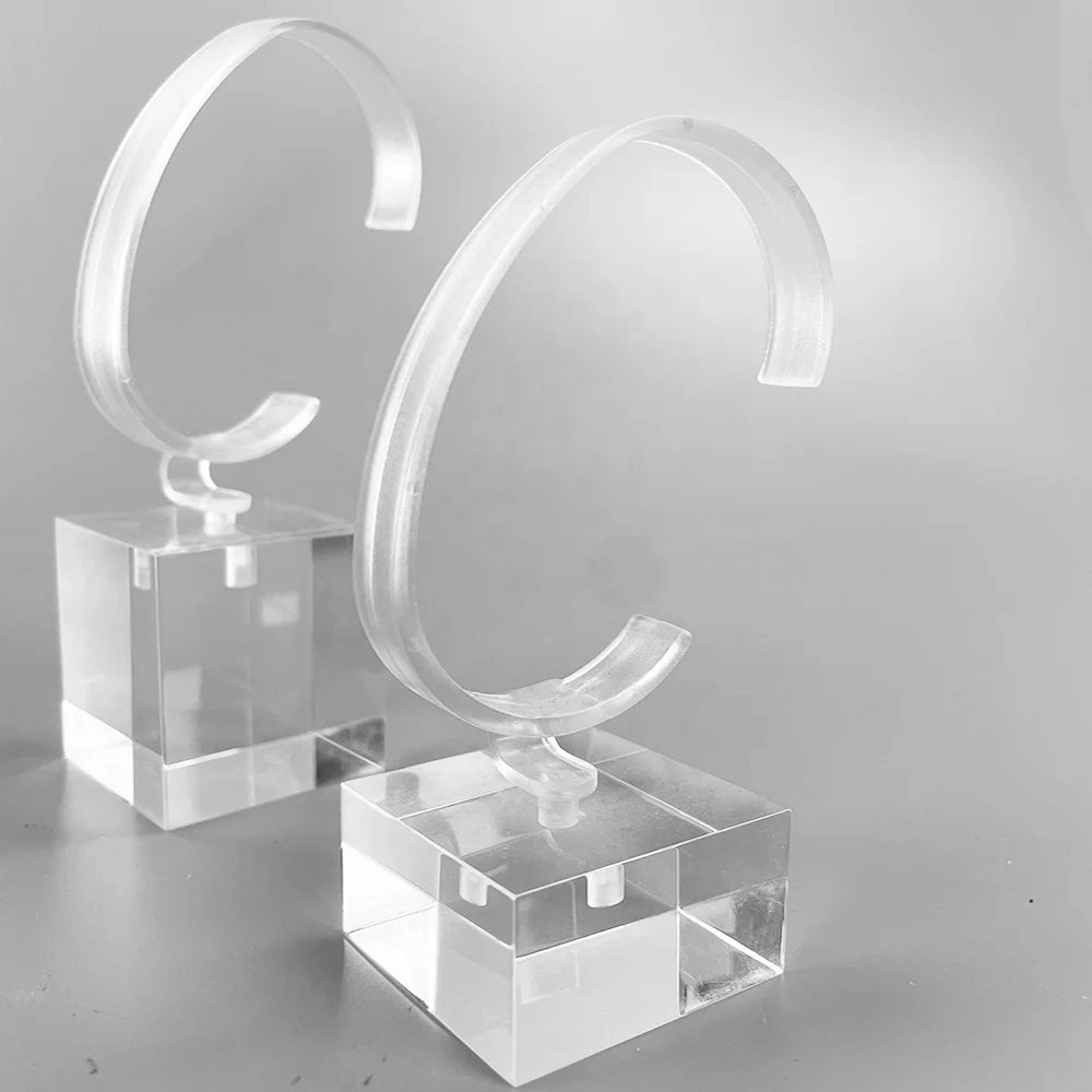 Factory hot sale Luxury Transparent Acrylic Jewelry Watch Cube Block with C Ring Retail Shop Counter Desktop Watch Display Stand