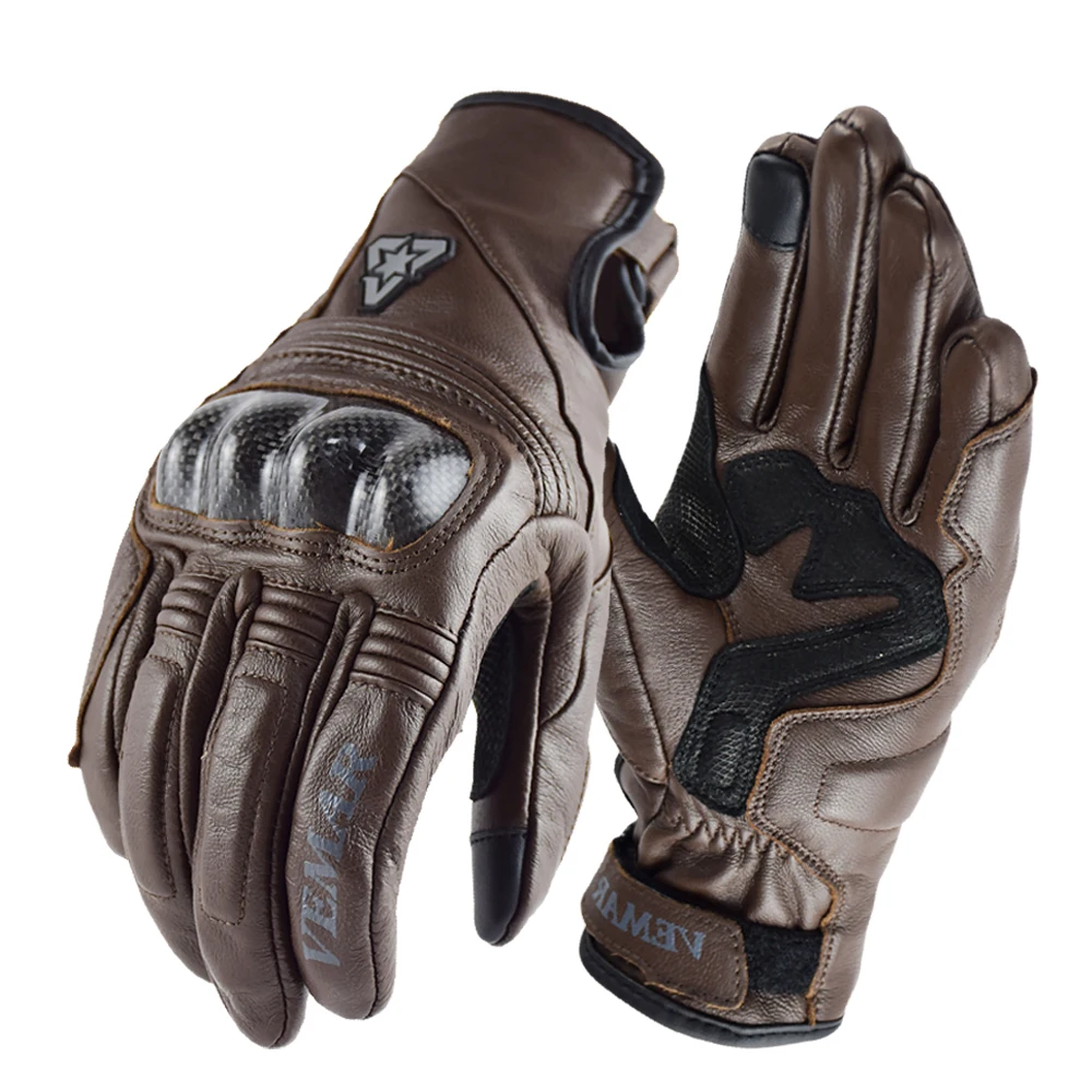 Vemar Retro Men Genuine Leather Motorcycle Motorbike Motocross Gloves Carbon Fiber Outdoor Riding Protective Moto Glove Brown