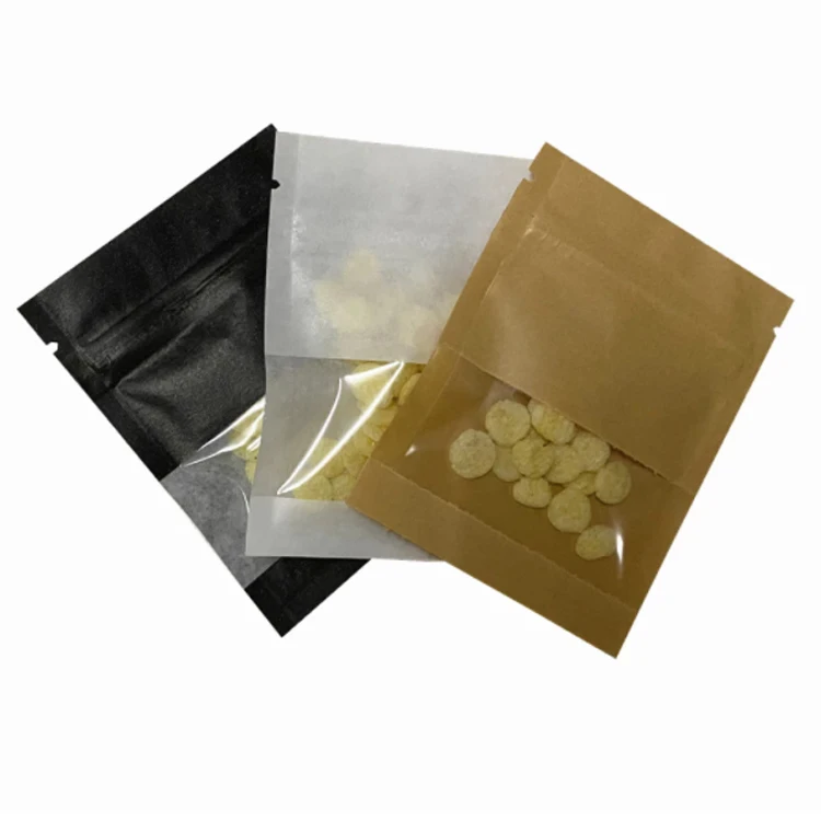Small Three Side Seal Portable White Brown Kraft Paper Flat Pouch Snack Candy Spice Zipper Seal Packaging Bag with Clear Window