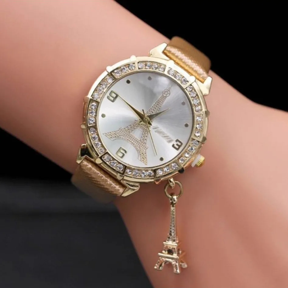 Hot sale Women Quartz Wrist The Eiffel Tower Rhinestone pendant Wrist Watch Female Clock relogio watches