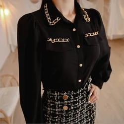 2021 New Two-piece suit OL Business Attire temperament shirt fashion lapel single-breasted chain blouse lantern sleeve Top+Skirt