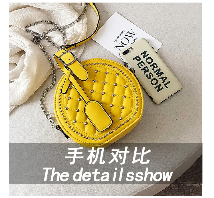 Fashion Rivet Round PU Leather Women Chains Handbag DIamond Lattice Shoulder Bag Lady Travel Purse Crossbody Bag Messenger