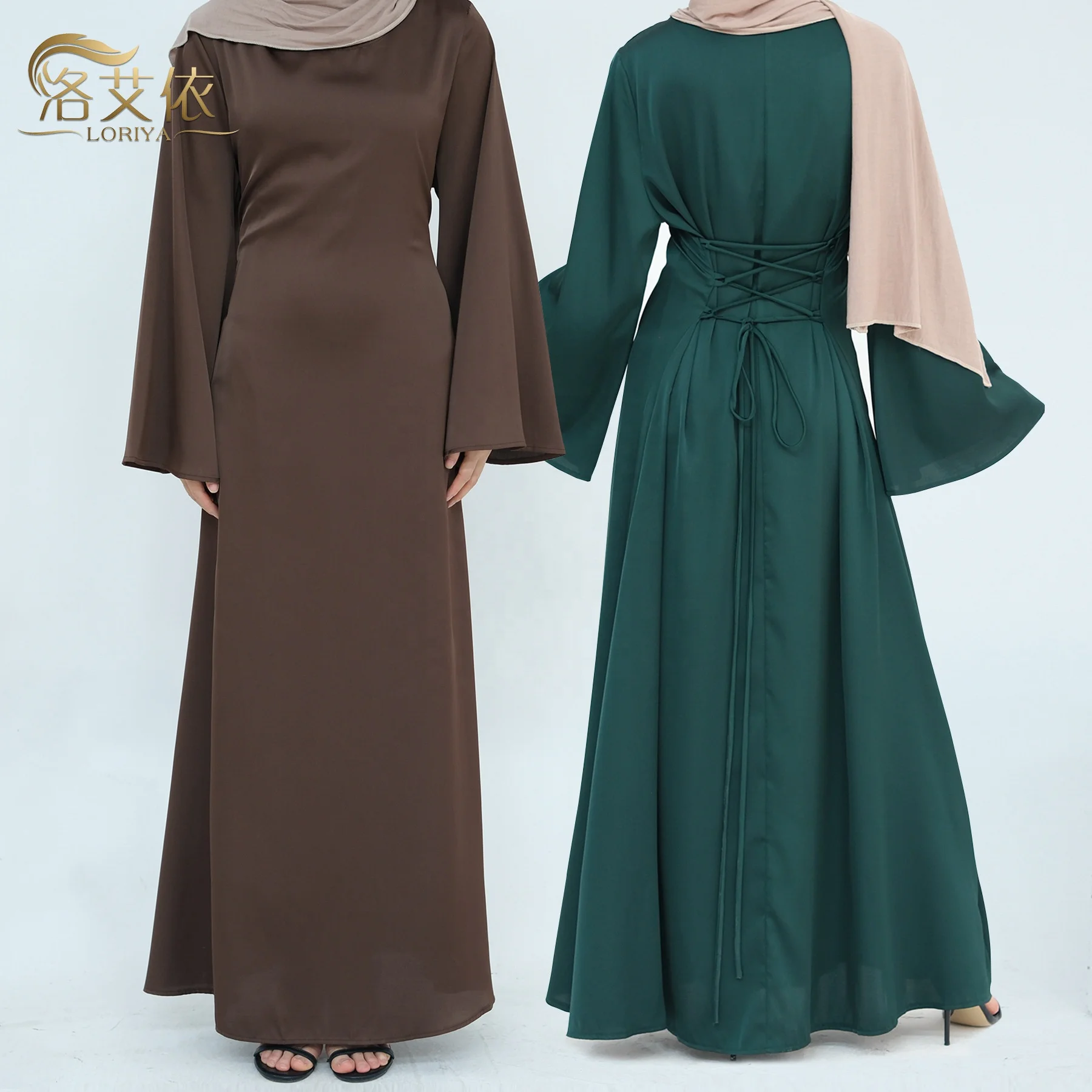 Muslim Turkish Elegant Abaya Dress Solid Color Tie Back Slim Wide Sleeves Dress For Women L288
