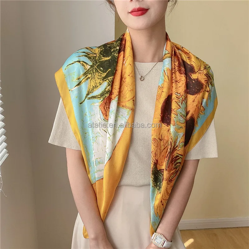 90cm Square Silk Scarf Women Shawls Designer Print Hijab Foulard Head Wraps For Lady Neck Scarves Satin Headband