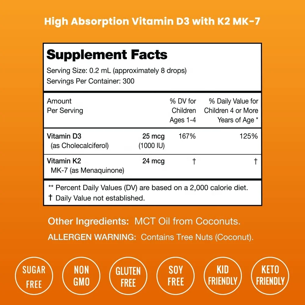 Kids Vitamin D 3 K2 Drops Liquid Vitamin D for Kids 1000 IU Sugar Free Supplement for Toddlers