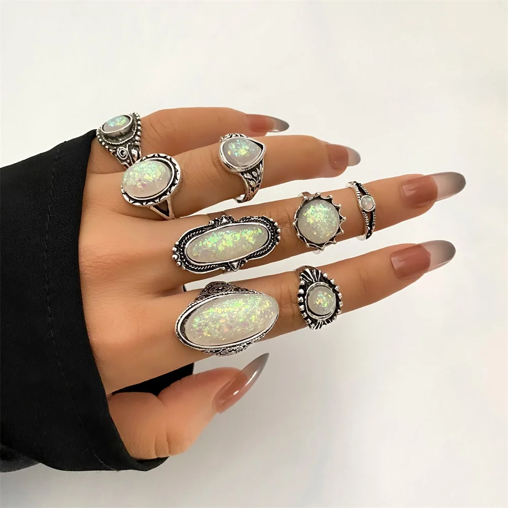 VKME Vintage Silver Color Rings Sets Colorful Opal Crystal Stone Carve For Women Bohemian Jewelry