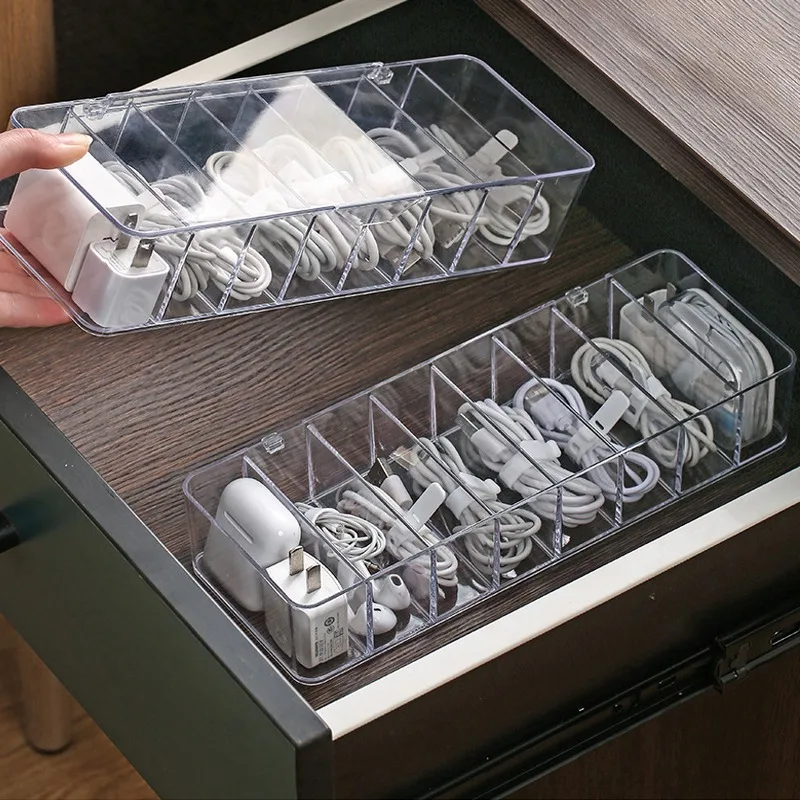 Plastic Desktop Sorting Compartments Cord Holder Data Charging Cable Earphone Organizer Transparent  Data Cable Storage Box