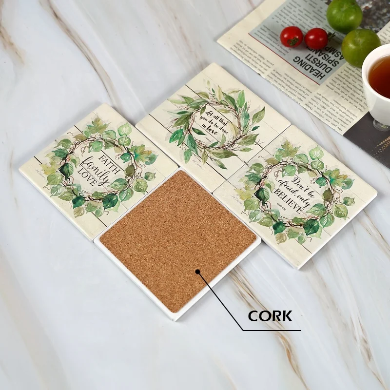 Wholesale customization square marble absorbent ceramic coasters for drinks cup mat in wooden holder