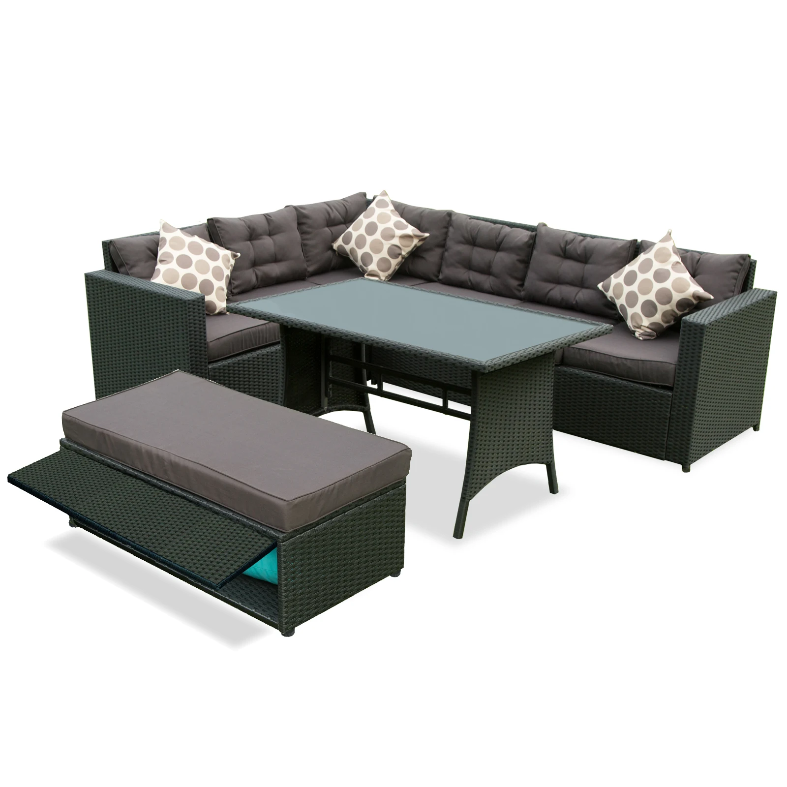 
Sectional Outdoor Patio Rattan Dining Chairs And Table Sofa Ottoman Storage Function Garden Furniture Setting 