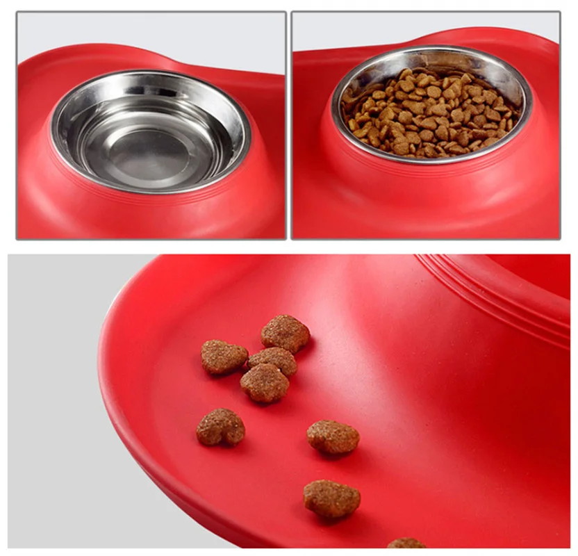 Silicone Mat Dog Feeder Travel Pet Bowl Stainless Steel Double Dog Feeding Food Bowl
