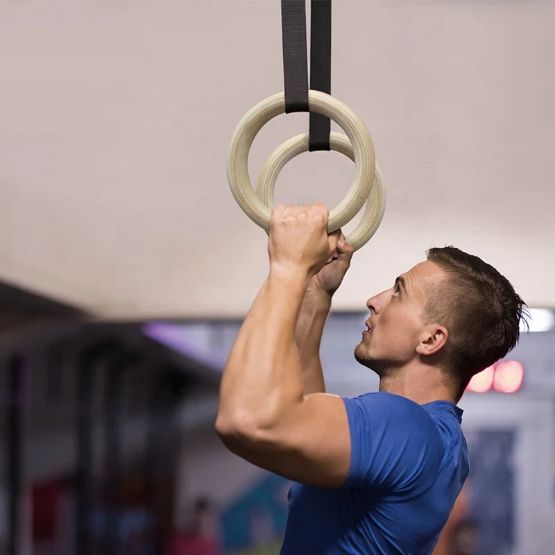 Home Gym Full Fitness Body Workout Wooden Rings Gymnastic Rings With Adjustable Cam Buckle For Strength Training