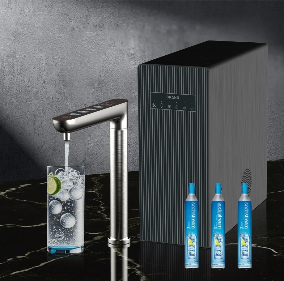 Compressor cooling water dispenser with soda sparkling water cold hot water filter under sink reverse osmosis system