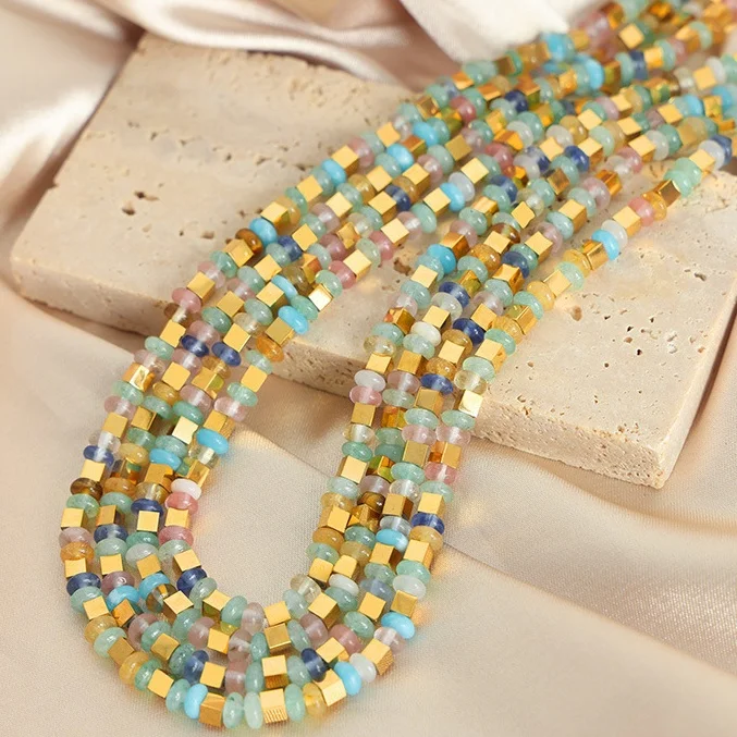 Customized Jewelry Natural Stone Ball Beaded Handmade Necklace Stainless Steel Small Square Versatile Necklace Jewelry