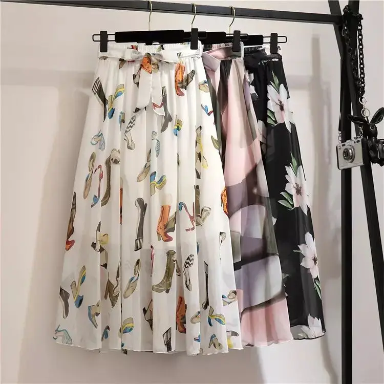 holiday beach dress spring and summer women significantly lanky waist skirt printed chiffon skirt,latest long skirt design