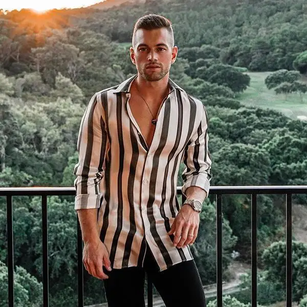 
Wholesale Hit Color Stripe Printed Shirt Casual Mens Linen Long Sleeve Shirt Hawaiian Button Up Men Shirts 