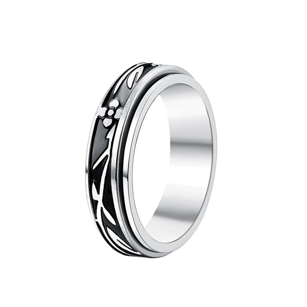 6mm Stainless Steel Ring Silver Black Corrosive Oil Dropping Flower Plant Rotatable Stainless Steel Ring finger rings
