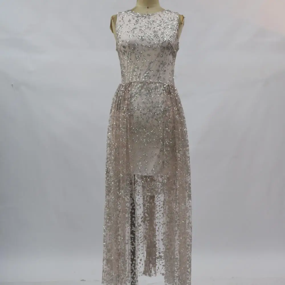 
2020 New Slim Sexy Round Collar Iron Silver Sleeveless Evening Dress 