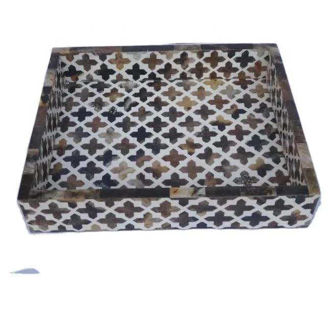 
handmade Bone inlay curving Tray design in brown and white colours size can be customized 