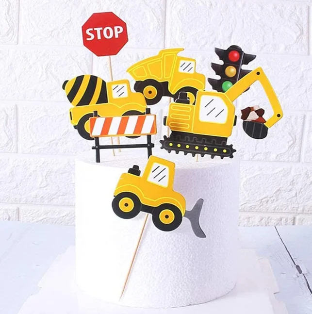 Construction machines cupcake topper truck excavator cake toothpicks decorations for baby shower birthday cake party supplies