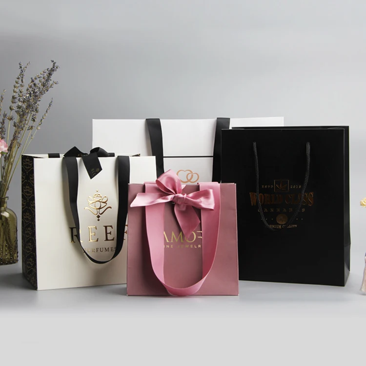 Luxury Custom Logo Large Small Retail Store Clothing Jewelry Packaging Shopper Gift Paper Bag With Bow Tie Ribbon Handles