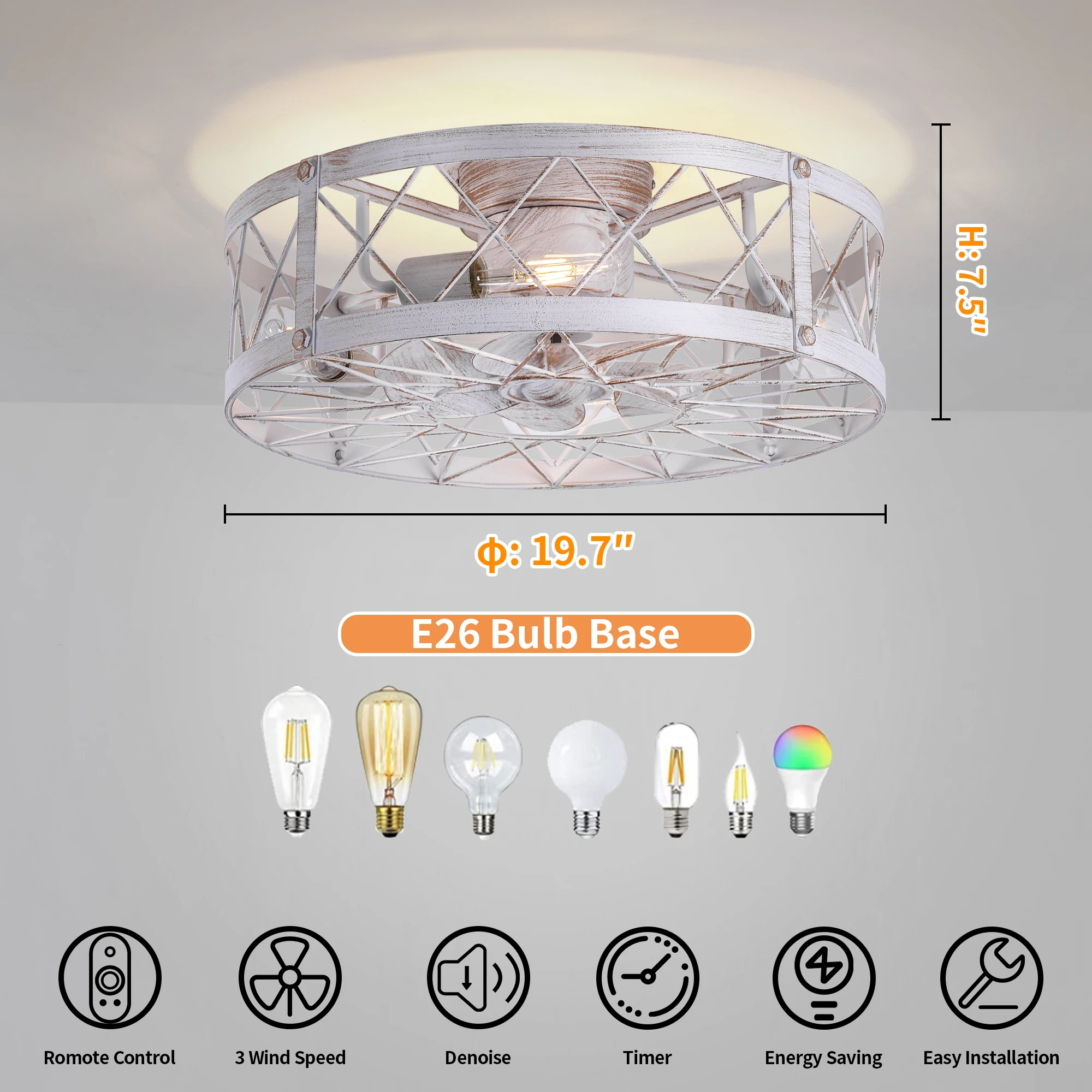 110V Ceiling Fan with light and Remote Bedroom Black/White Retro-Industrial Style Ceiling Fan American Standard Fan Lights