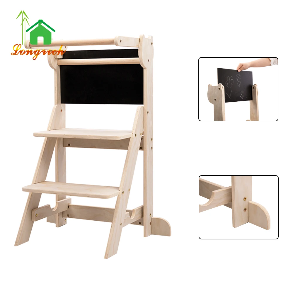Foldable Kitchen Step Stool for Kids - with Safety Rail & Chalkboard Anti-Slip Feet Kitchen Stool Tower for Counter Kitchen
