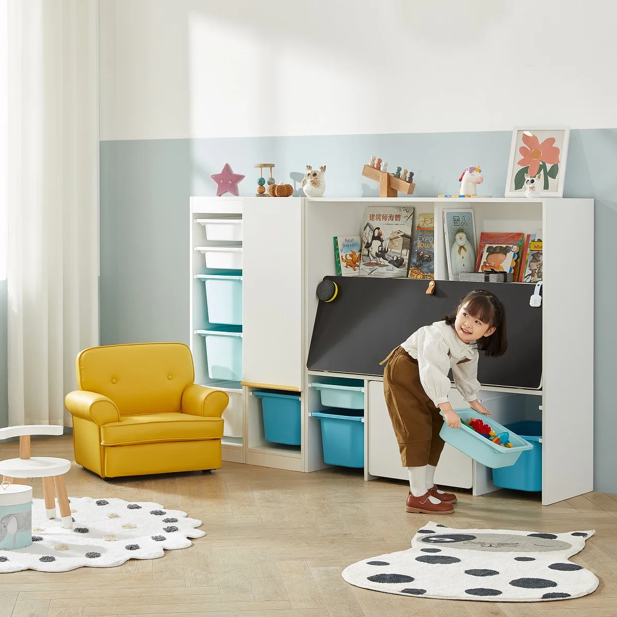 2M2KIDS Kids Shelf Wood Toy Storage Rack Multifunctional Kids Toy Storage Shelf with Blackboard