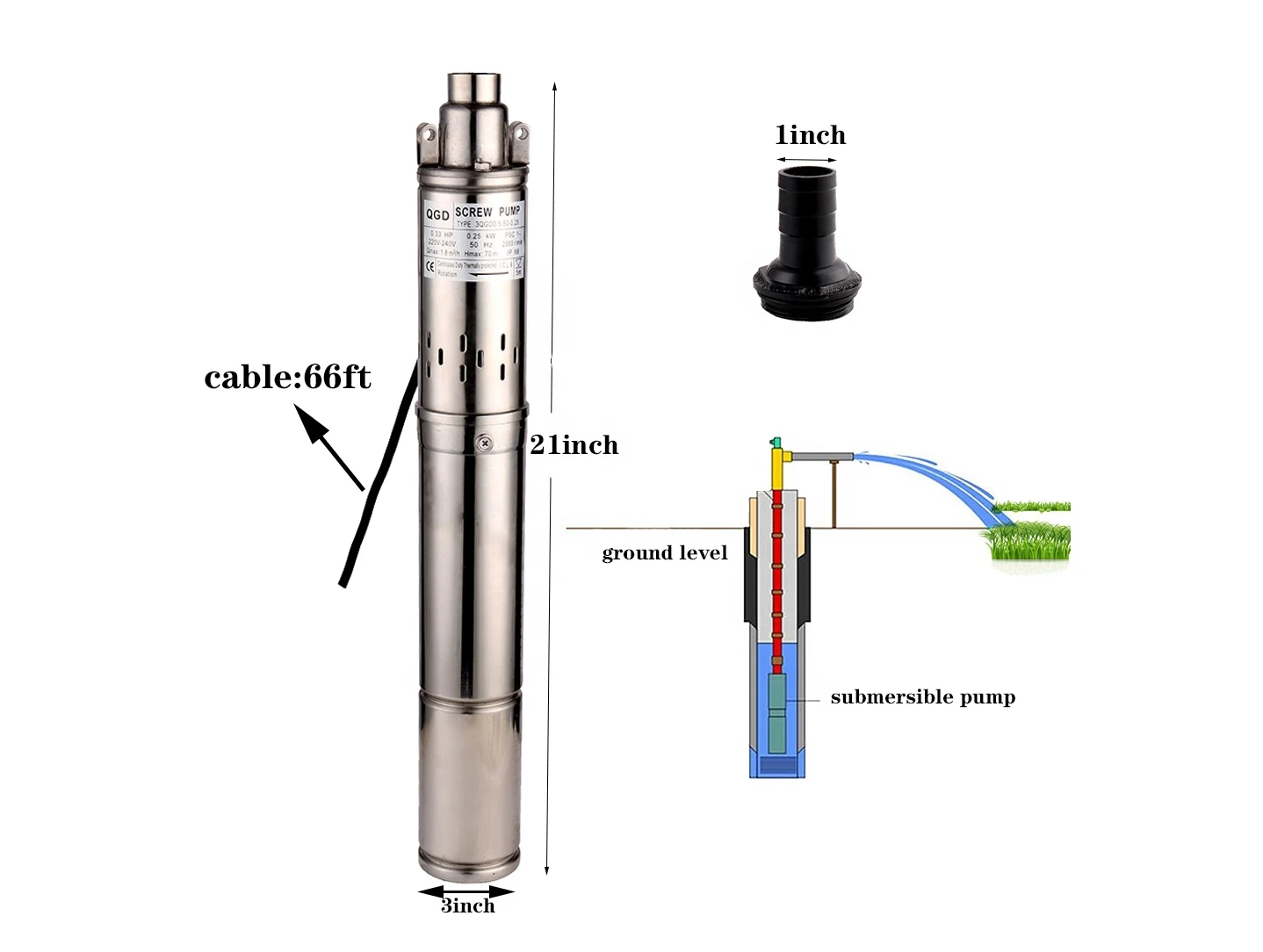 Kepeida 2QGD1-50-0.37 220V 0.5hp 1m3/h 50M Head Stainless Steel Submersible Deep Well Screw Water Pump For Irrigation