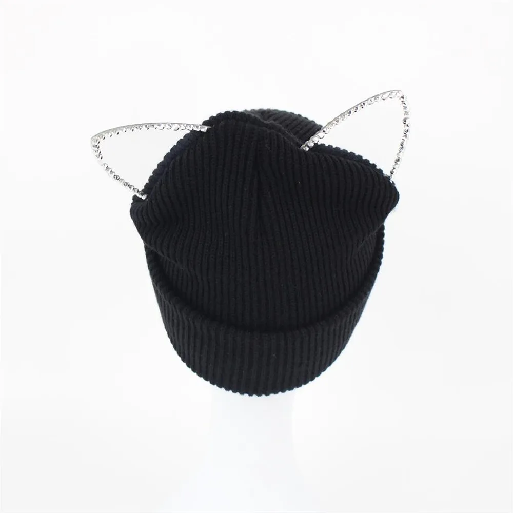 Шапка-бини с камнями зимняя шапка для женщин Новое поступление милая Теплая Вязаная в рубчик кошачьими ушками и стразами девушек