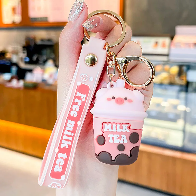 Baimao High-quality wholesale cartoon creative pearl milk tea pig key chain Boba milk tea key chain Kawaii cartoon pig key ring