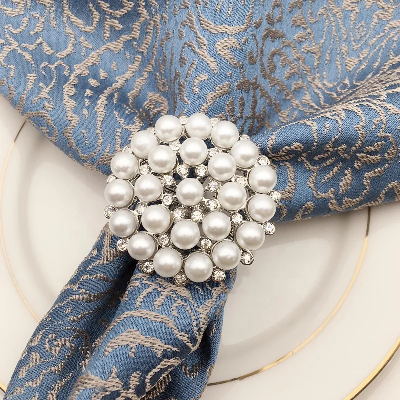 Round Flower Napkin Rings Gold Rhinestone Napkin Rings Holder Pearl Napkin Rings for Wedding Dinner Table Decoration HWP07
