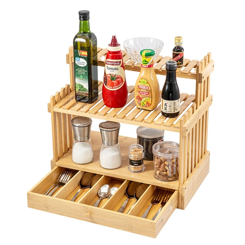 3-Tier Multifunction Expandable Bamboo Spice Rack display shelf for kitchen