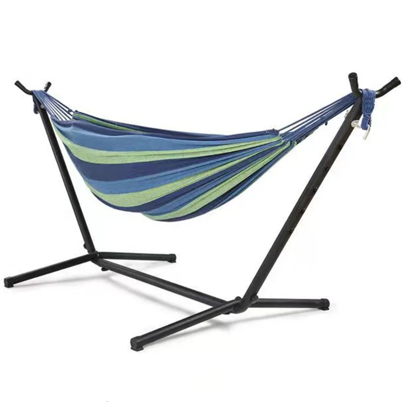 Manufacturer Parachute Cloth Portable Indoor Outdoor Nylon Double Hammock with Steel Stand Two Person Adjustable Hammock Bed