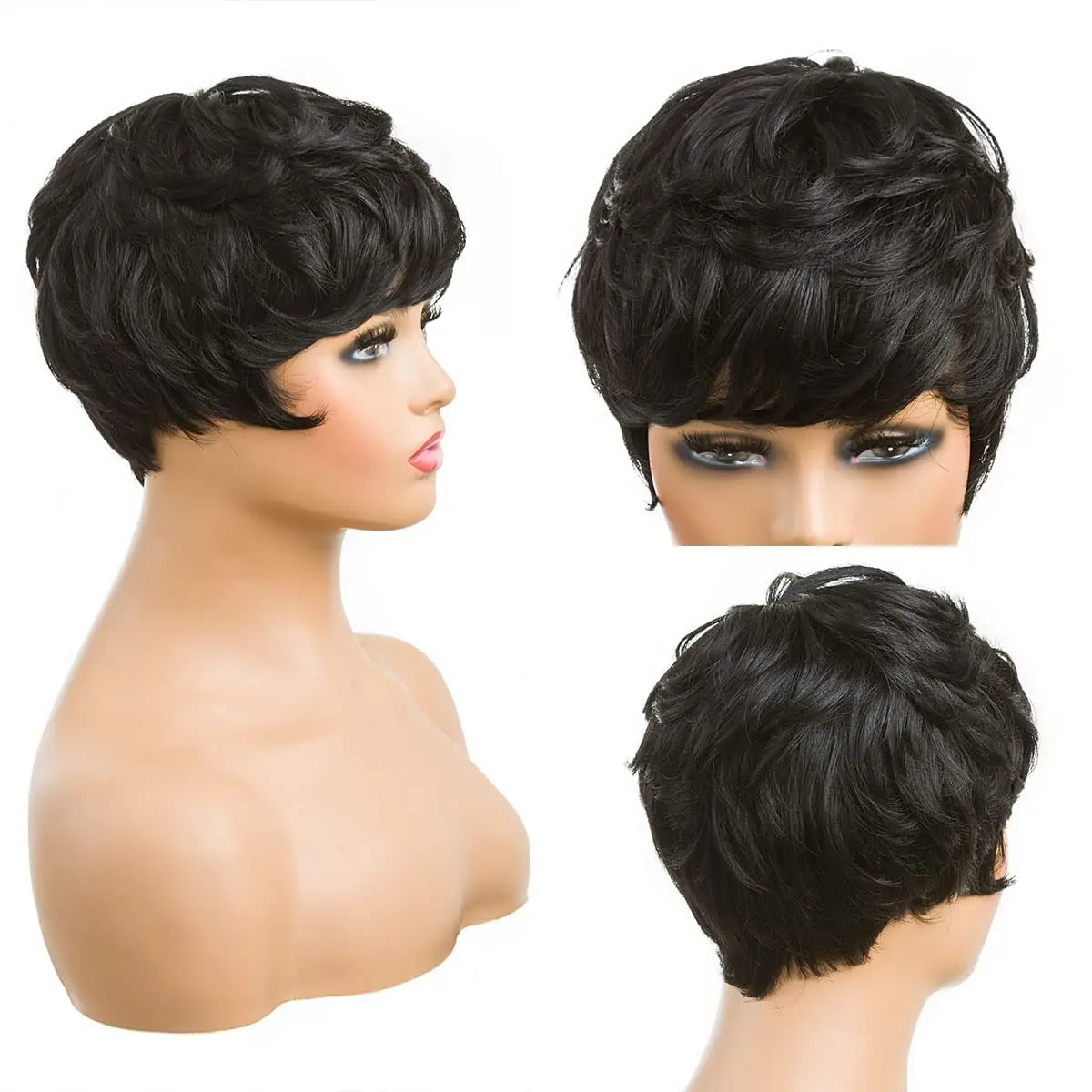 Natural Black Pixie Cut Wig Short Human Hair Wigs Curly Hairstyles Layered Wavy Short Black Wig Pixie With Bangs for Women