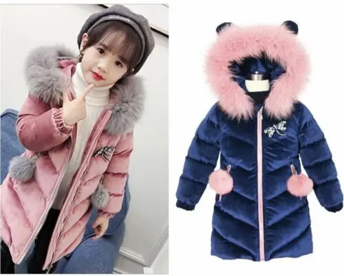 
Kids Girls Thick Velvet Quilt Jacket Fur Collar Long Parka Coat Overwear Winter 