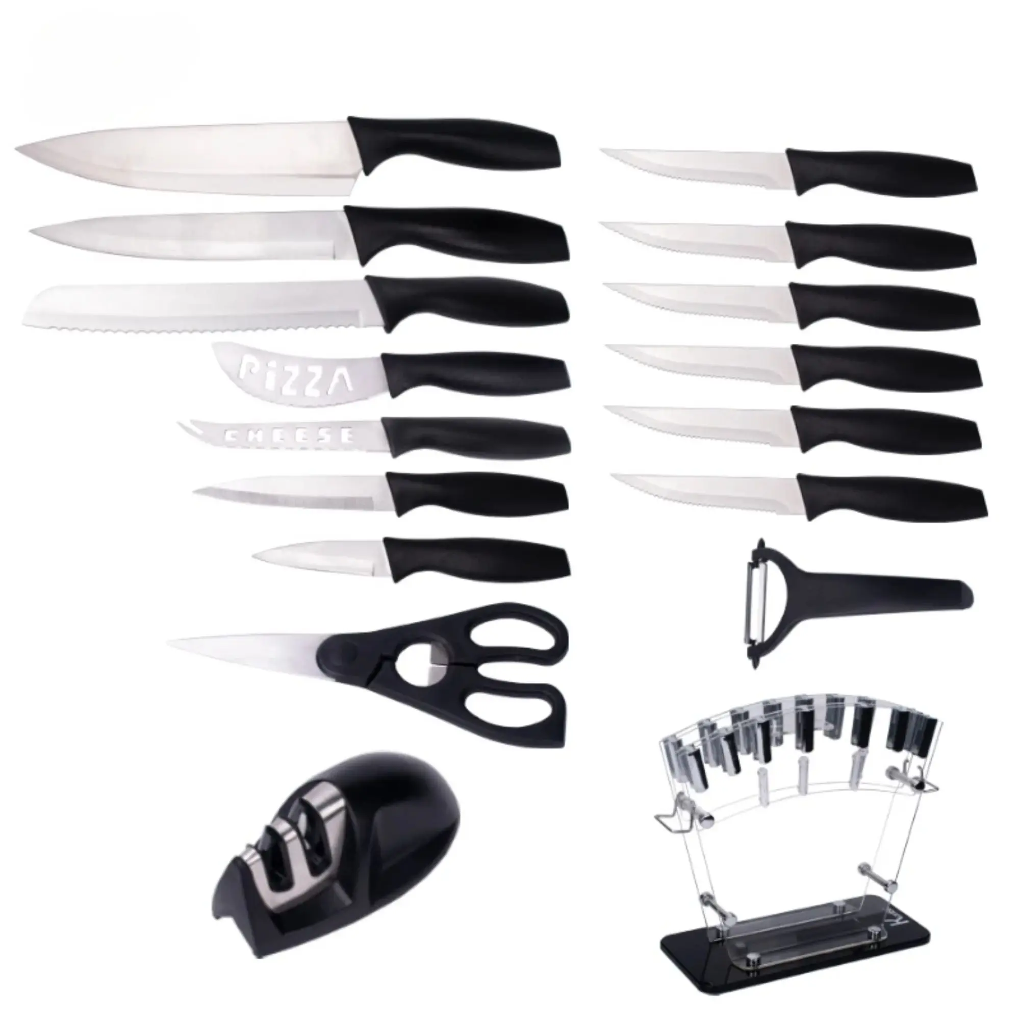 JJ 17 PC Non-Stick White Color Coated 3Cr13 Stainless Steel Kitchen Knife Set with PP Handle and Acrylic Block Custom Knife Set