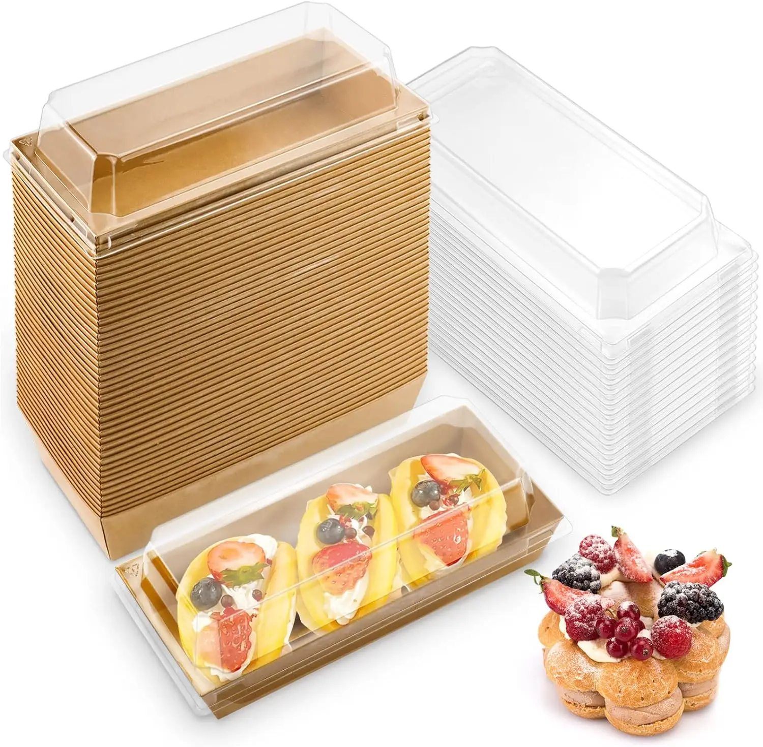 Brown Rectangular Disposable Paper Charcuterie Boxes Food Containers Bakery Boxes with Clear Lid for Sandwich Cake Cupcake