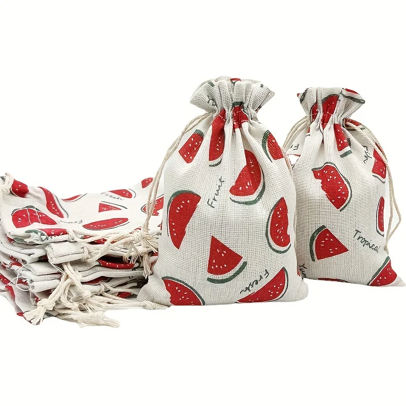 Summer Watermelon Drawstring Gift Bag Recyclable Cotton Party Favor Bag with Melon Pattern for Summer Decorations