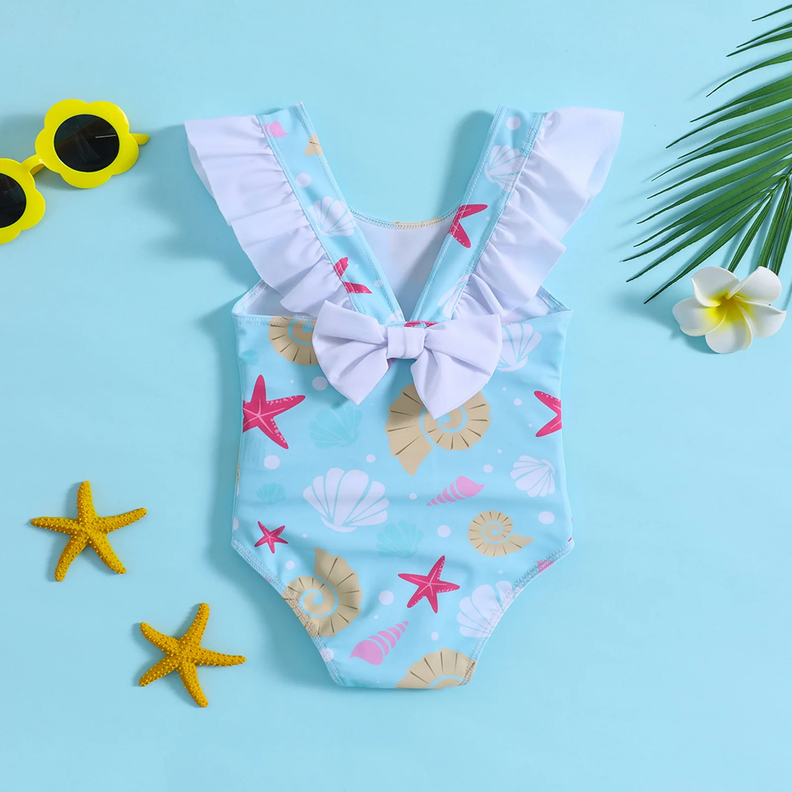 Wholesale Summer Girls Lotus Bow Small Flying Sleeves One-Piece Starfish Shell Printed Toddler Baby Swimsuit Beach Bathing Suit